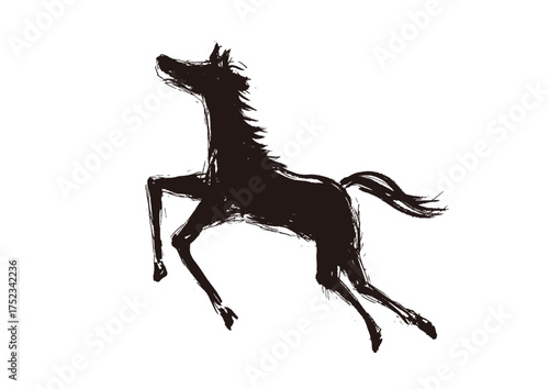 年賀状 デザイン用　走る馬の手書き和風筆イラスト　シルエット