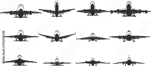 Set of airplane silhouettes in various front views, ideal for aviation and transportation designs.
