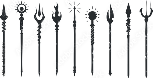 Collection of various spear silhouettes showcasing diverse designs and styles in black and white.