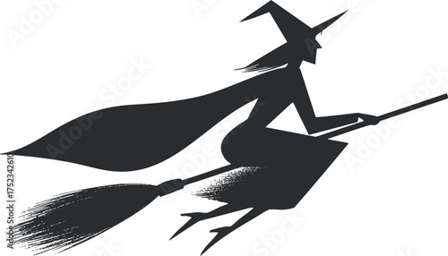 Silhouette of a witch flying on a broomstick, capturing a mysterious and magical Halloween vibe.