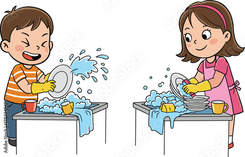 Children washing dishes, cartoon kitchen chore, playful cleaning moment, teamwork and responsibility illustration, soap suds fun, household activity scene