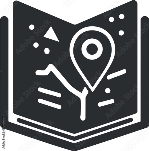 Black and white map icon with a location pin indicating navigation and direction.