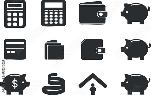 Set of finance-related icons including calculator, wallet, piggy bank, and folder symbols.