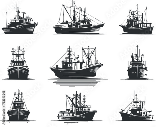 Silhouette illustrations of various fishing boats and trawlers on a white background.
