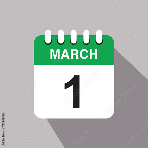 1 march calendar date icon. vector illustration with shadow design
