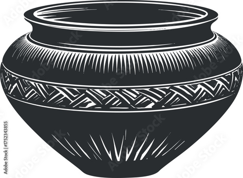 Black and white illustration of a traditional ceramic vase with intricate patterns.