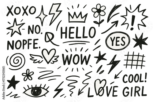Hand-Drawn Doodle Set with Expressive Words and Symbols in Black Ink