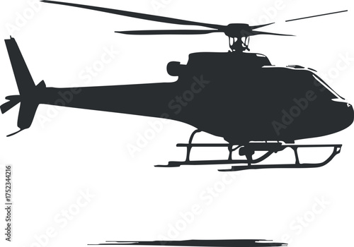 Black and white silhouette of a helicopter in flight, highlighting its rotor and tail design.