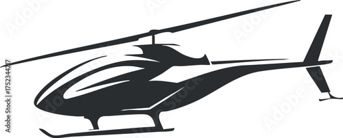 Silhouette of a helicopter in flight, showcasing sleek design and aerodynamics on a white background.