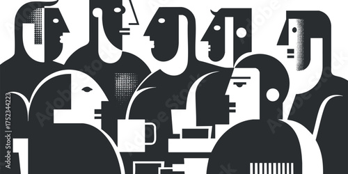 Abstract geometric illustration of stylized human faces in black and white with modern design.