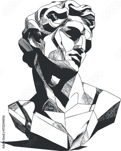 Monochrome abstract illustration of a classical statue bust with geometric and stylized details.