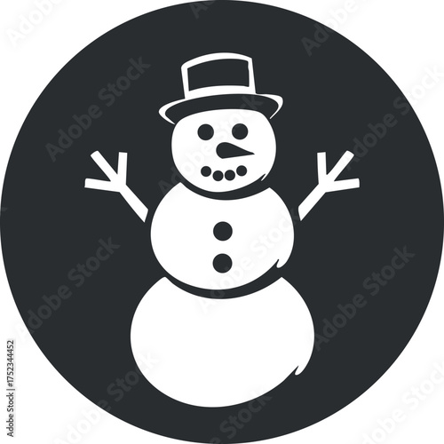 Black and white snowman icon with hat and buttons in a circular design.