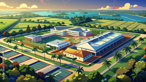 Very beautiful aerial photo of the Homestead Federal Department of Corrections near Miami, surrounded by open land and bright Florida sunlight captured from a high drone view.
