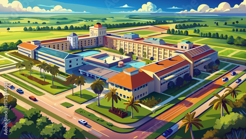 Very beautiful aerial photo of the Homestead Federal Department of Corrections near Miami, surrounded by open land and bright Florida sunlight captured from a high drone view.
