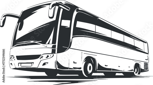 Black and white illustration of a modern bus design in a stylized graphic art style.