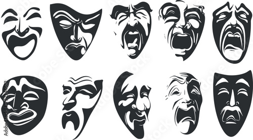 Black and white illustration of dramatic theater masks depicting various emotions and expressions.