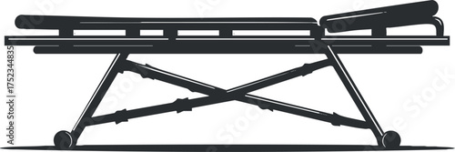 Silhouette of a medical stretcher with adjustable sections and wheels for patient transport.