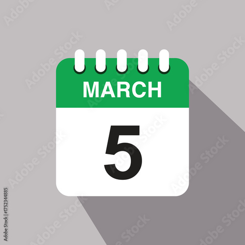5 march calendar date icon. vector illustration with shadow design