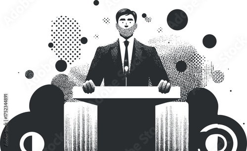 Black and white illustration of a politician speaking at a podium with abstract dot patterns.