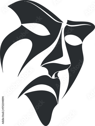 Abstract black and white theatrical mask symbolizing drama and expression in performing arts.