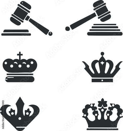 Collection of gavel and crown icons representing law, justice, royalty, and authority symbols.