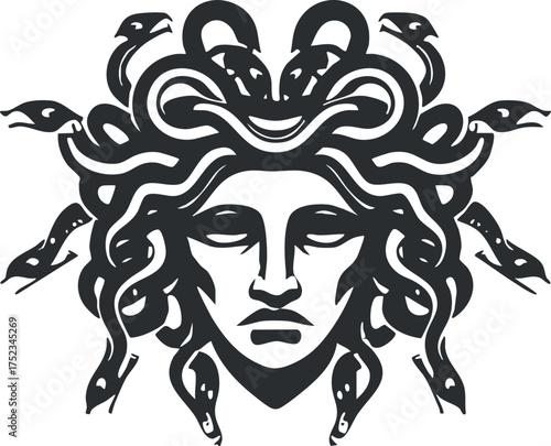 Black and white illustration of Medusa's head with snakes, symbolizing mythological themes.