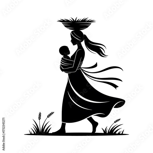 Woman Carrying Baby and Wheat Silhouette Illustration