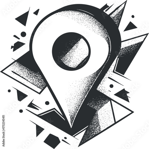 Abstract geometric location pin icon in black and white, featuring sharp angles and shapes.