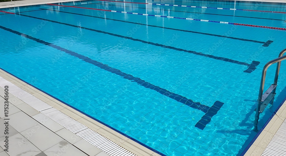 Obraz premium Sun-Dappled Azure Water in an Empty Competition Pool with Diagonal Racing Lanes.
