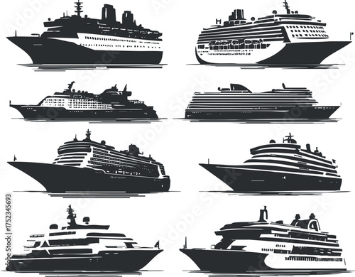 Set of eight cruise ship silhouettes illustrating various vessel designs for marine travel.