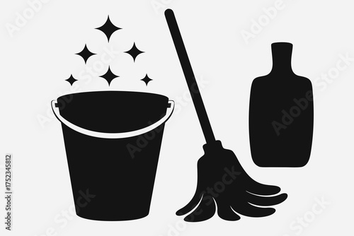 Household Cleaning Vector Set, Black Mop and Bucket Silhouette