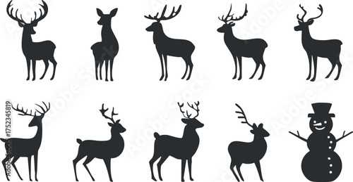 Silhouette illustration of reindeer and snowman icons for Christmas and winter holiday themes.