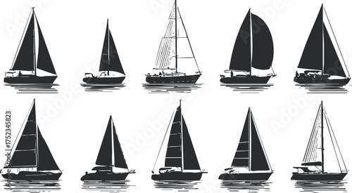 Collection of sailboat silhouettes showcasing various designs for nautical and marine themes.