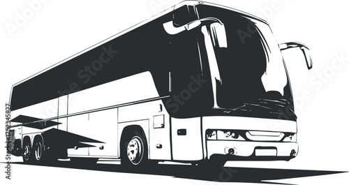 Black and white illustration of a modern coach bus designed for travel and transportation.