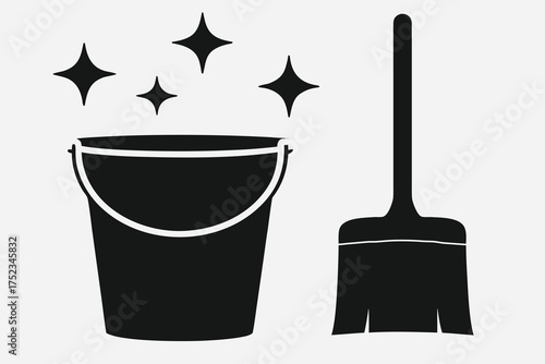 Household Cleaning Vector Set, Black Mop and Bucket Silhouette