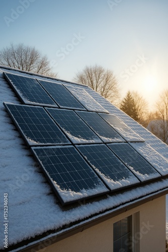 solar panels on snowy roof under bright winter sun, renewable energy concept