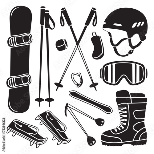Hand-Drawn Doodle Collection of Winter Mountain Gear: Skiing, Snowboarding, and Climbing Equipment Vector Set