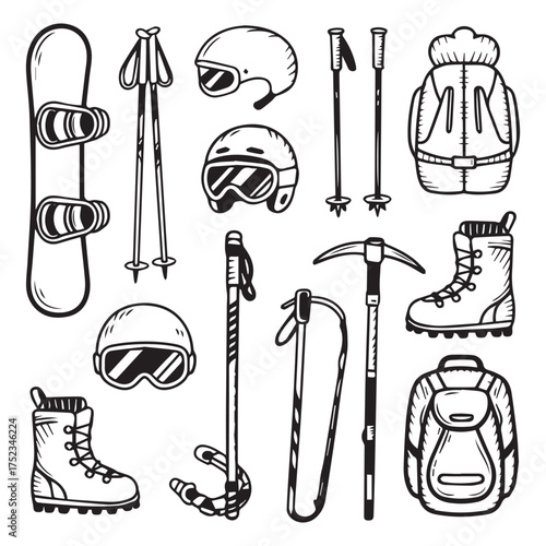 Hand-Drawn Doodle Collection of Winter Mountain Gear: Skiing, Snowboarding, and Climbing Equipment Vector Set