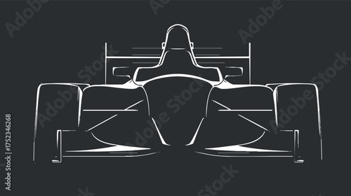 Minimalistic illustration of a formula racecar silhouette in black and white, showcasing speed and design.
