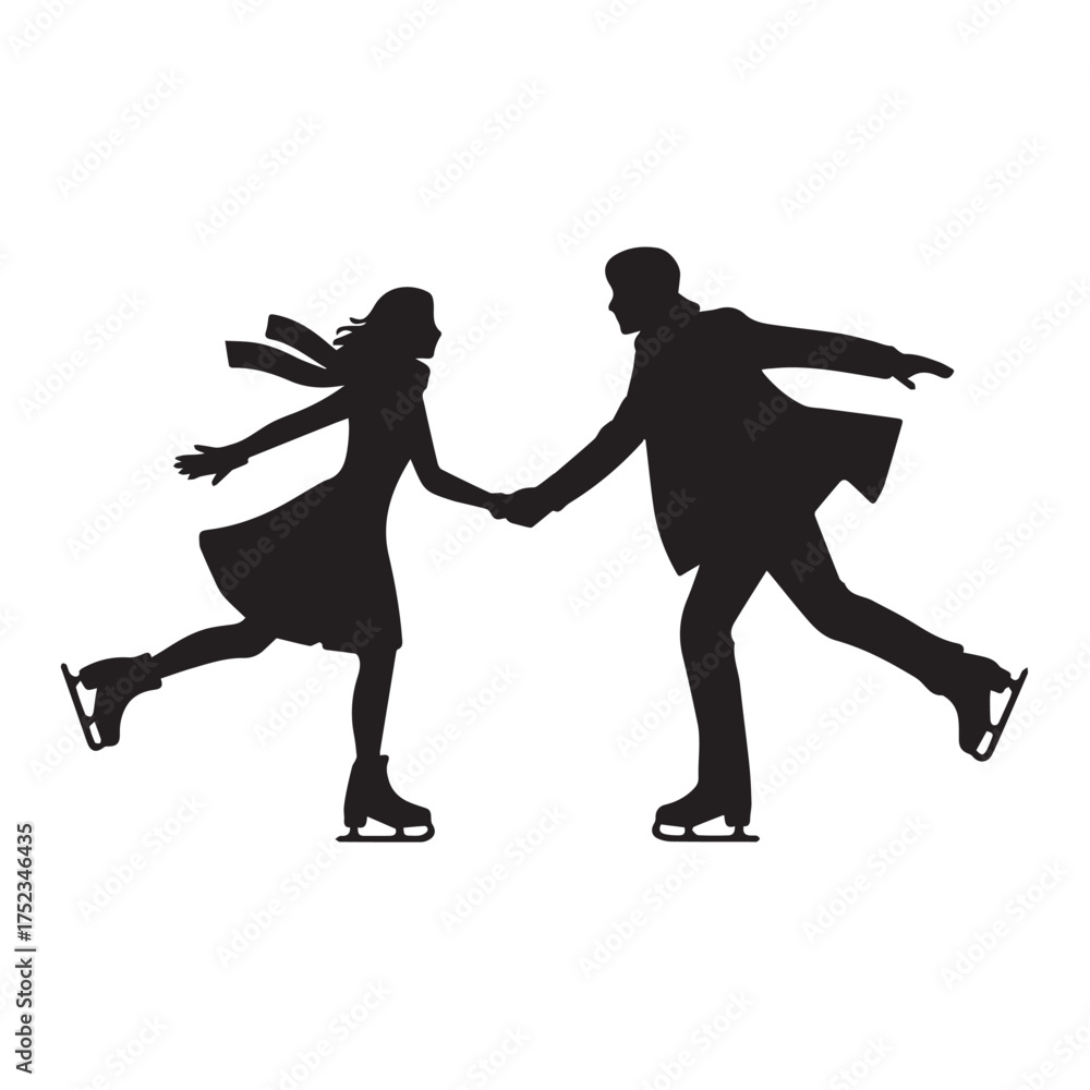 Fototapeta premium Romantic Ice Skating Couple Silhouette: Black and White Vector Illustration of Partners Holding Hands