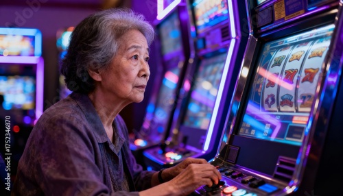 elderly asian woman addicted to slot machine under neon lights, focused withdrawn mood, casino glow