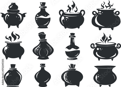 Collection of vintage black and white illustrations of pots, cauldrons, and bottles.