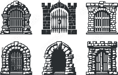 Collection of six medieval gates and archways in black and white vector illustration.