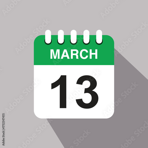 13 march calendar date icon. vector illustration with shadow design