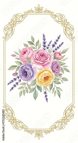 Watercolor Floral Arrangement with Roses and Lavender in Ornate Gold Frame | Elegant Bouquet Illustration for Weddings, Greeting Cards, and Home Decor
