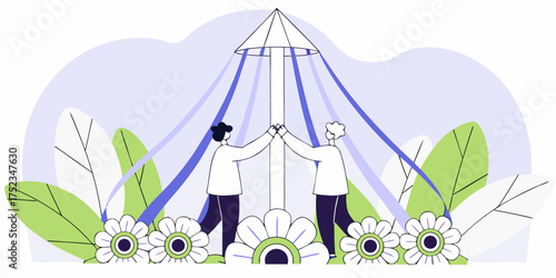 Maypole Dance Vector Illustration Spring Festival Tradition Community Event Folkloric Graphic Celebration Outdoors Gathering Graphic with People Celebrating May Day with a Ribbon Pole