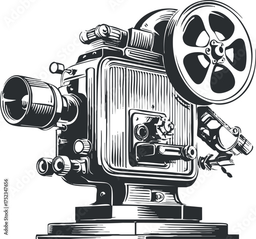 Black and white illustration of a vintage film projector with detailed mechanical features.