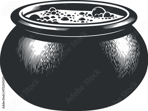 Vintage black cauldron illustration with bubbling liquid, symbolizing witchcraft and mystical themes.