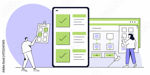 Project Management Task Checklist with Mobile Phone, Web Design, and Collaboration Illustration Plan Development Workflow Progress Tracking Team Coordination App Development