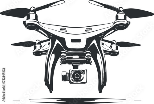 Black and white illustration of a quadcopter drone with a camera, showcasing modern technology.